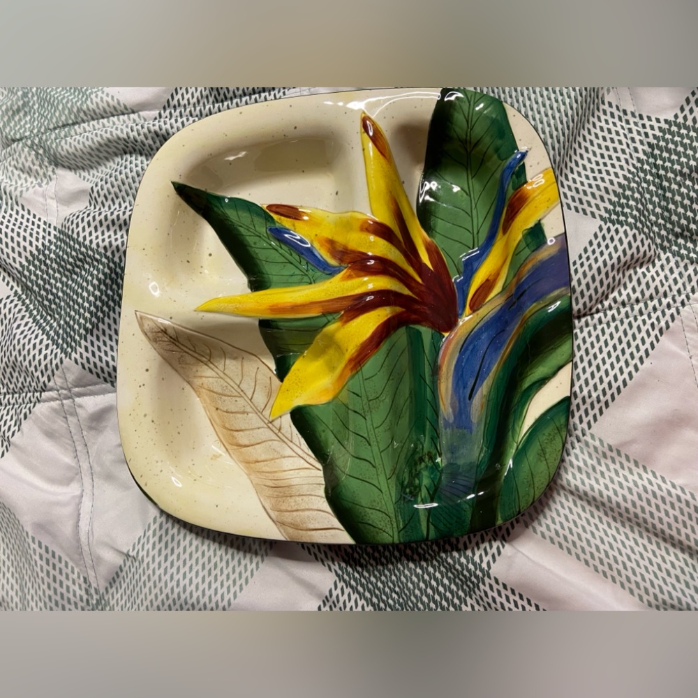 ISLANDS PLANTATIONS 3Partition BIRDS of PARADISE Ceramic Square Serving Plate